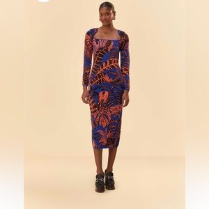 🦜Farm Rio Blue Tropical Gold Long Sleeve Dress 💙🧡✨